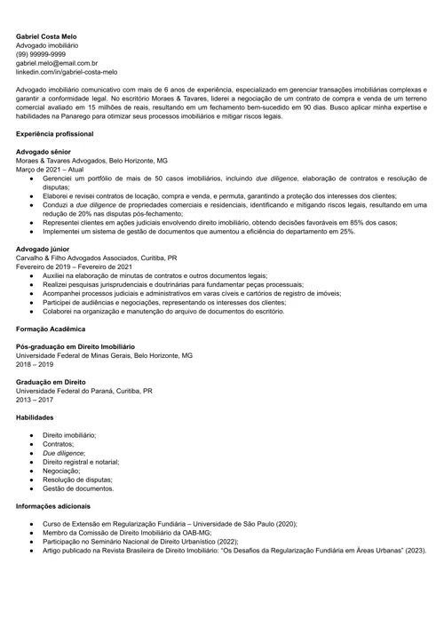 exemplo de currículo de advogado imobiliário
