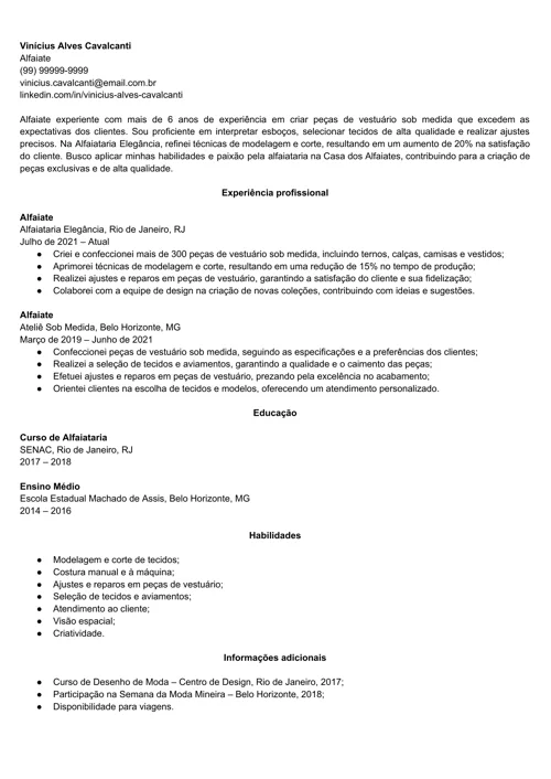 exemplo de currículo de alfaiate