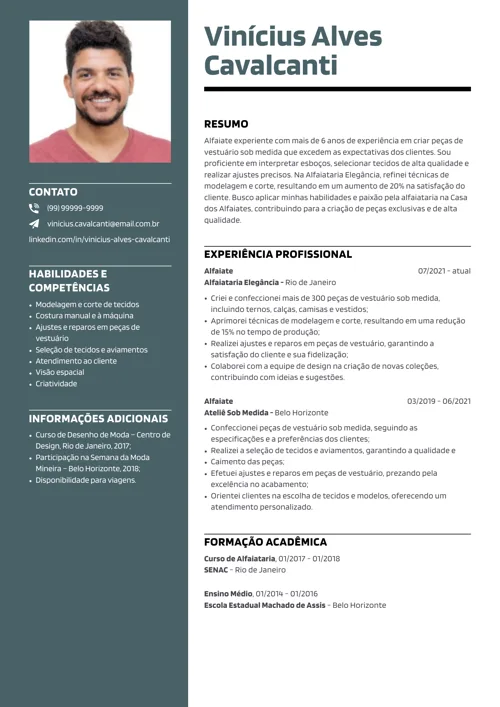 exemplo de currículo de alfaiate