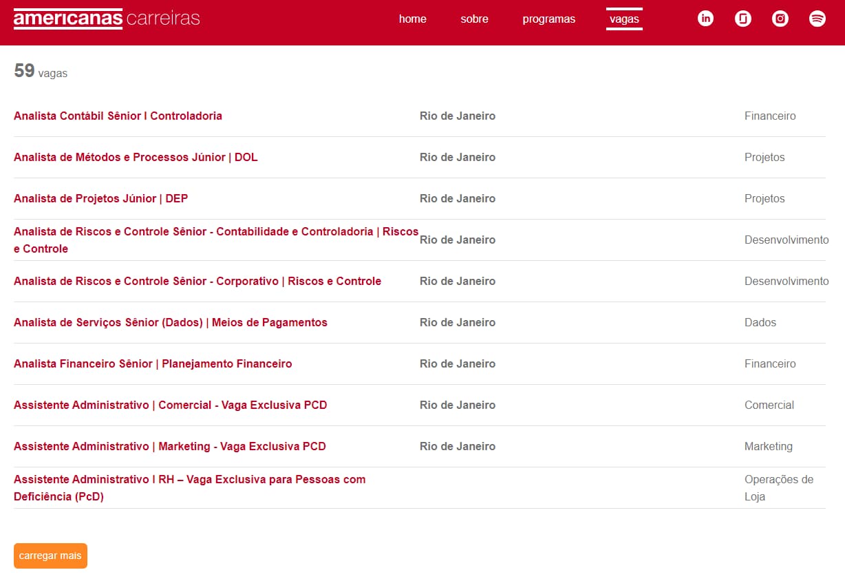 Vagas no site de carreiras das Americanas