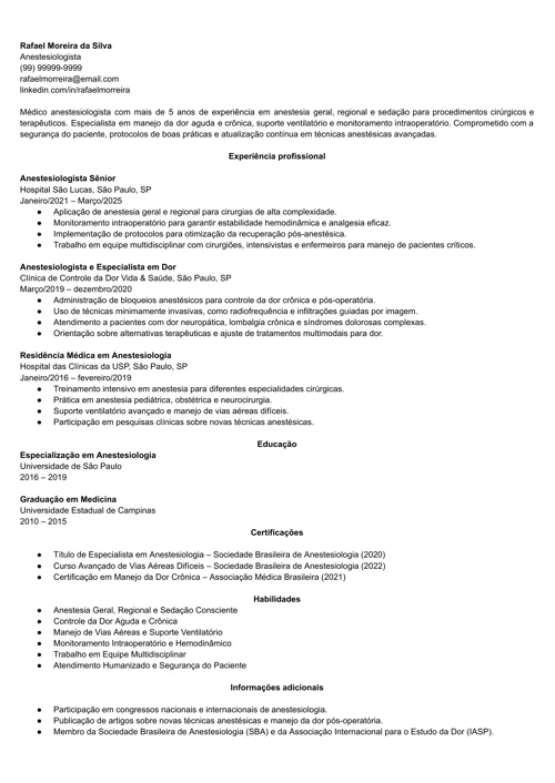 modelo de currículo para anestesista