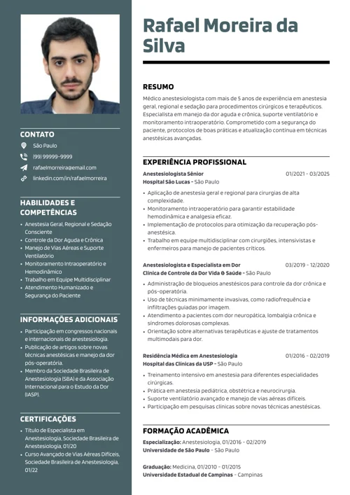 modelo de currículo para anestesista