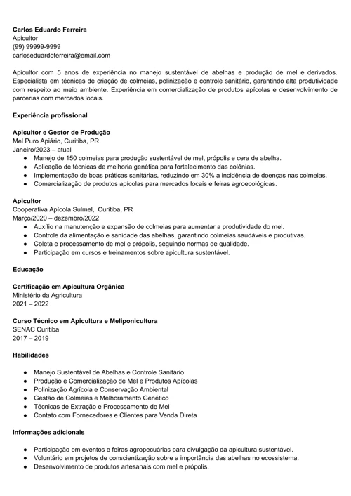 modelo de currículo para apicultor