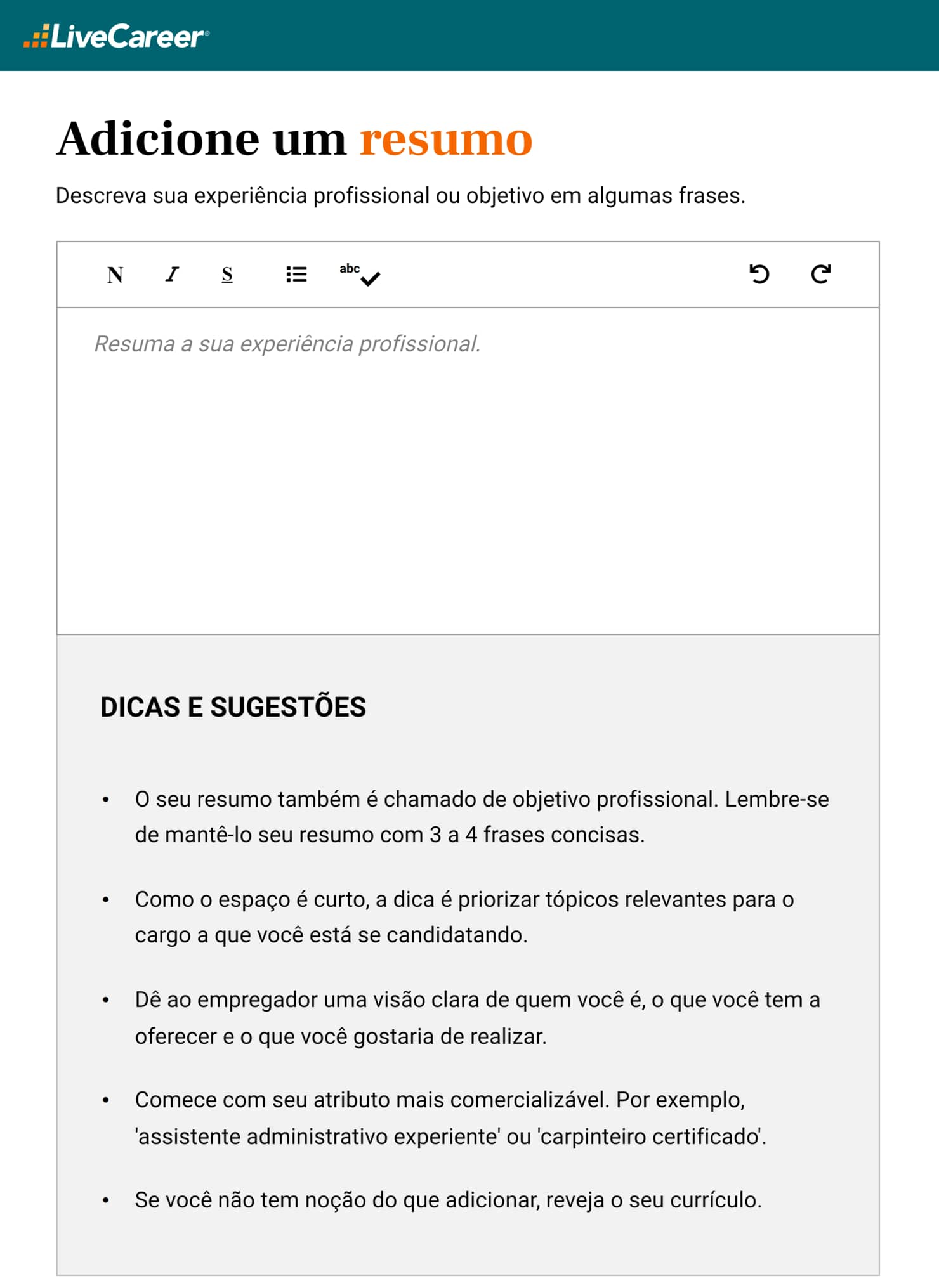 dicas e sugestões do aplicativo para fazer currículo