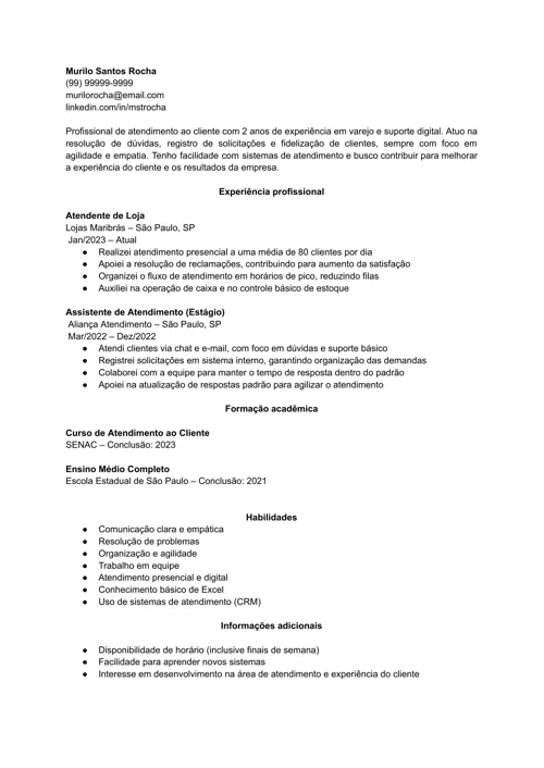 exemplo de currículo de atendimento ao cliente feito no gerador da LiveCareer