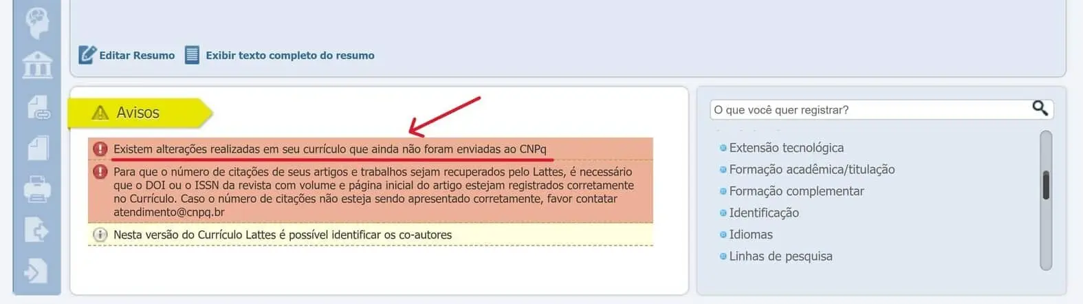 aviso para confirmar envio de atualizações no Lattes
