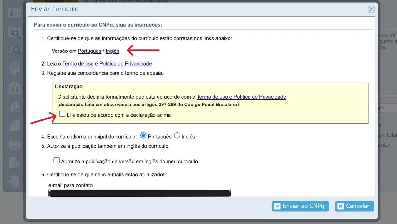 formulário para solicitar a atualização do Lattes ao CNPq