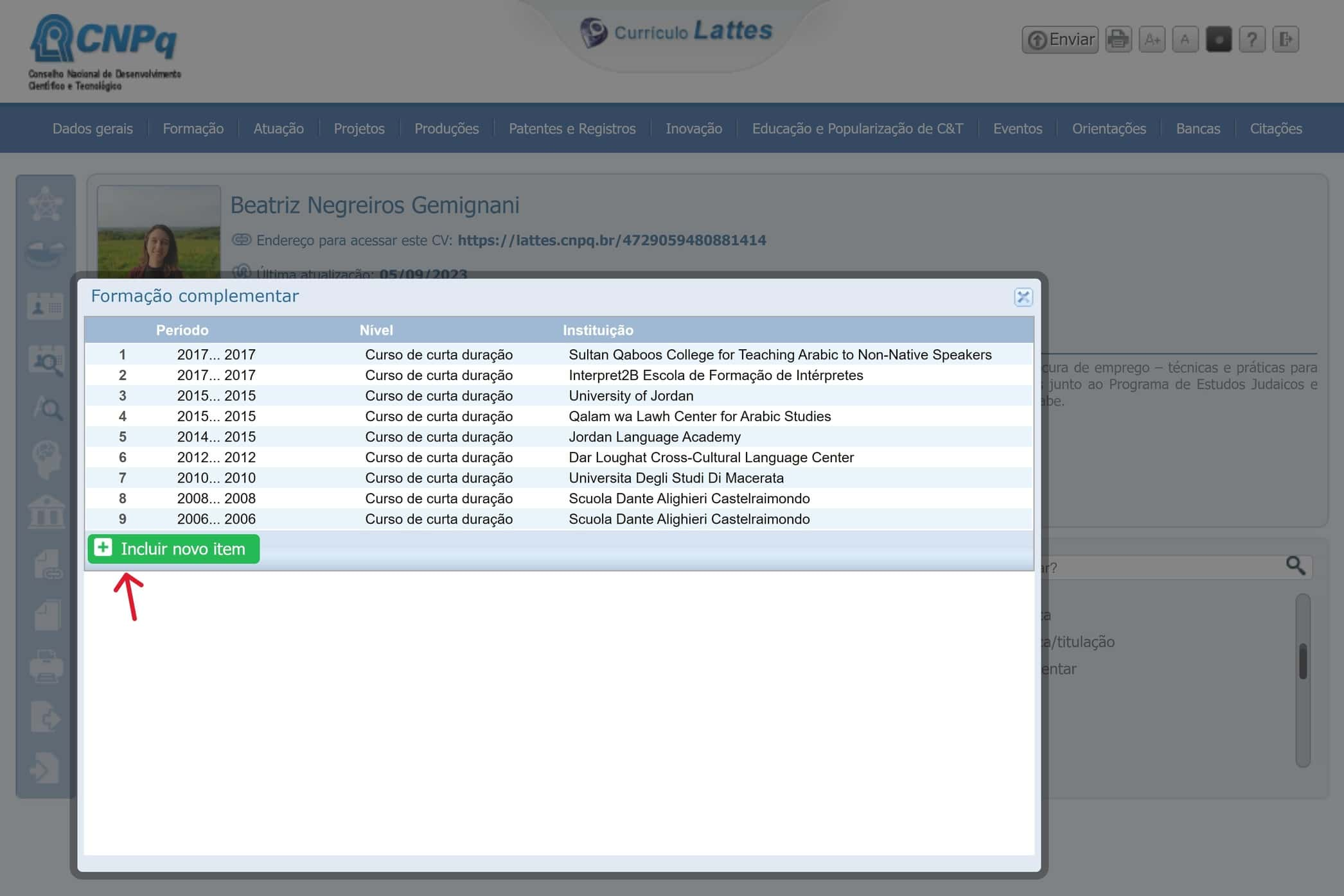 Atualizar formação complementar do Currículo Lattes