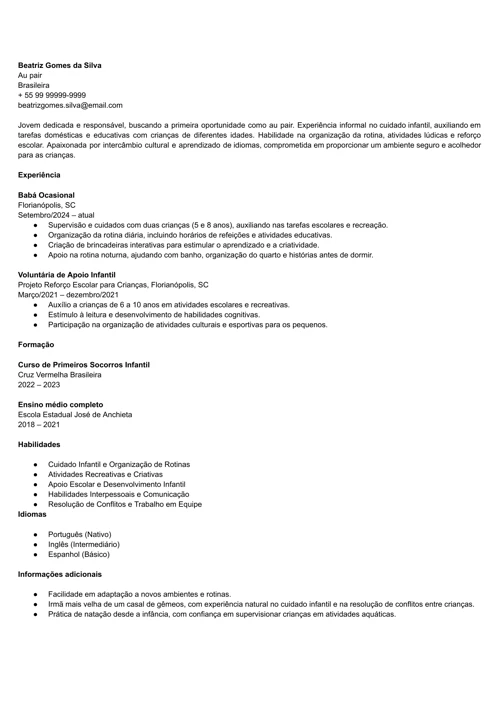 exemplo de currículo de au pair com modelo personalizado