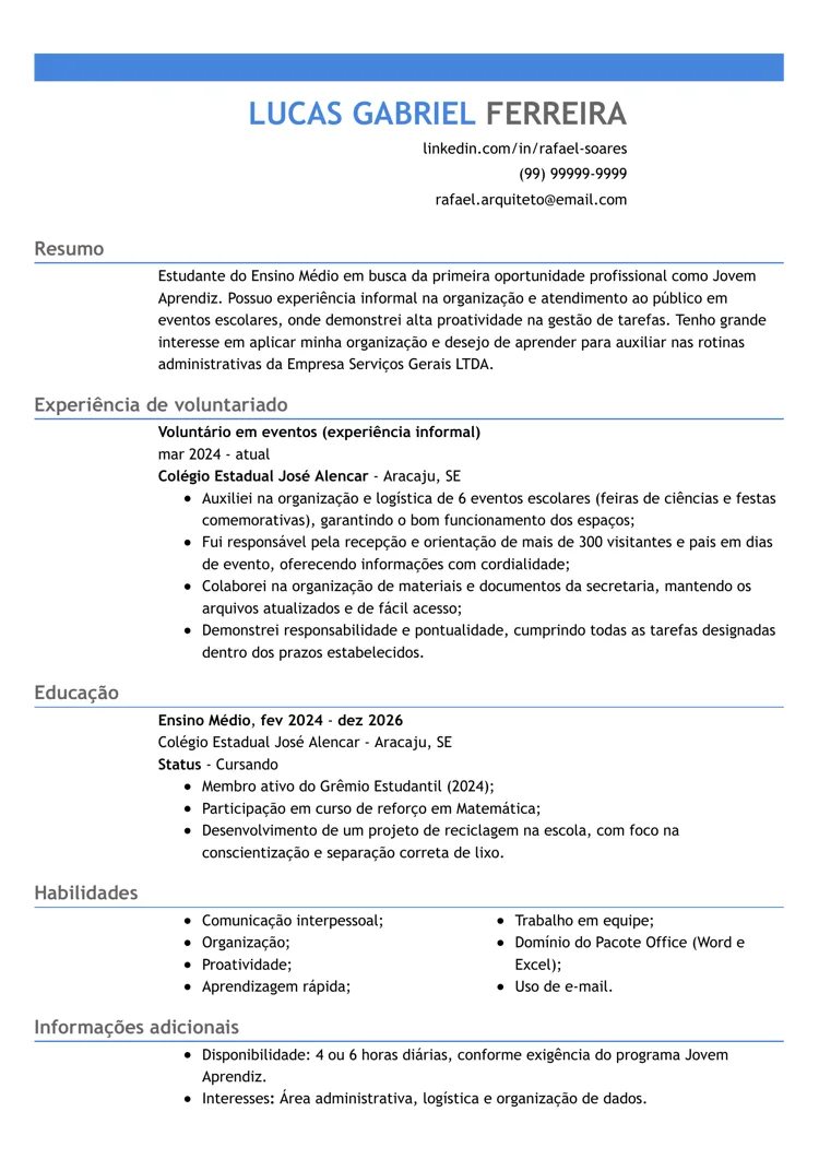 currículo básico para Jovem Aprendiz