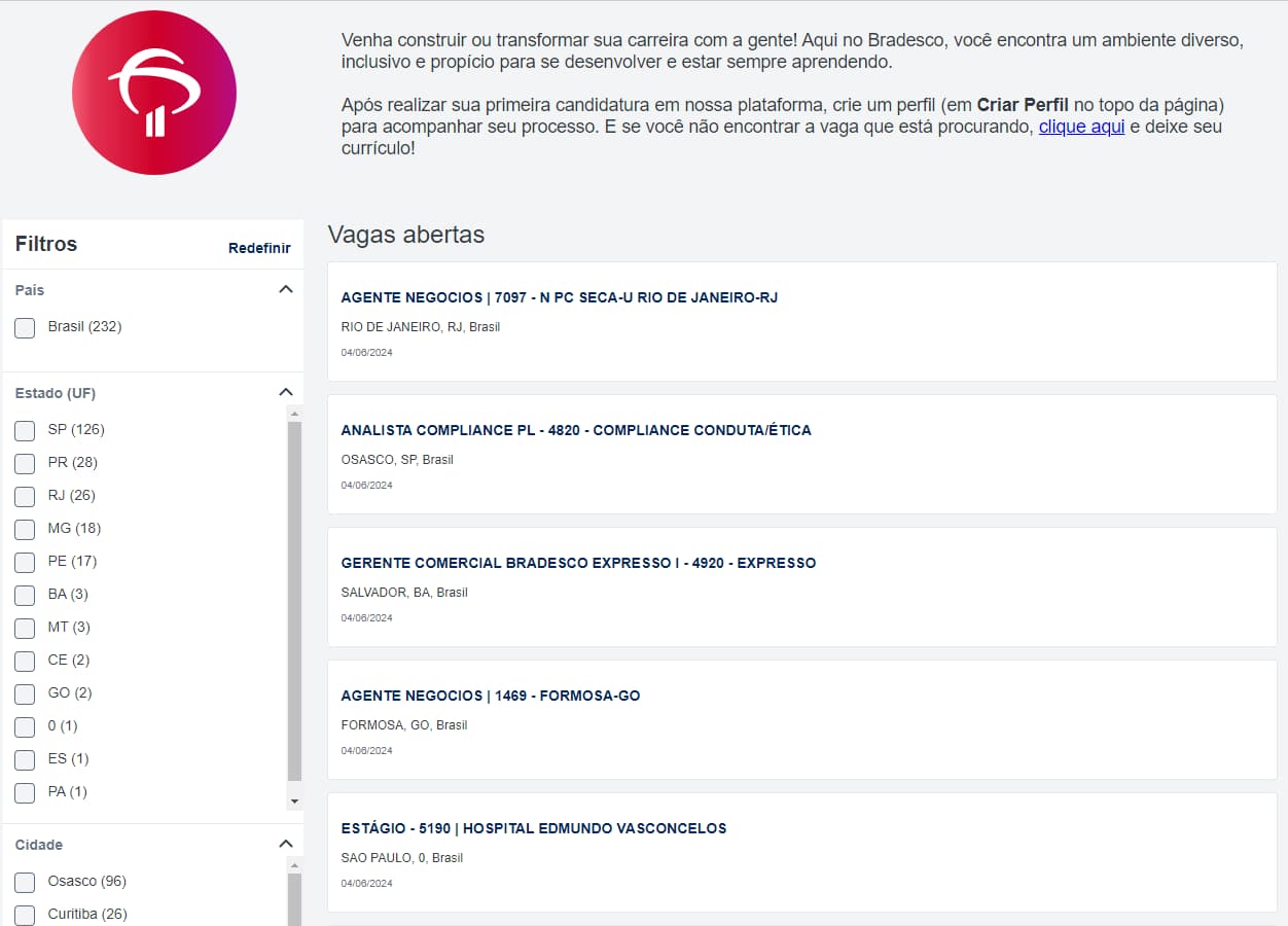 Vagas disponíveis no Bradesco Trabalhe Conosco.