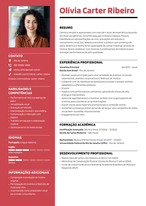 exemplo de currículo de cantor