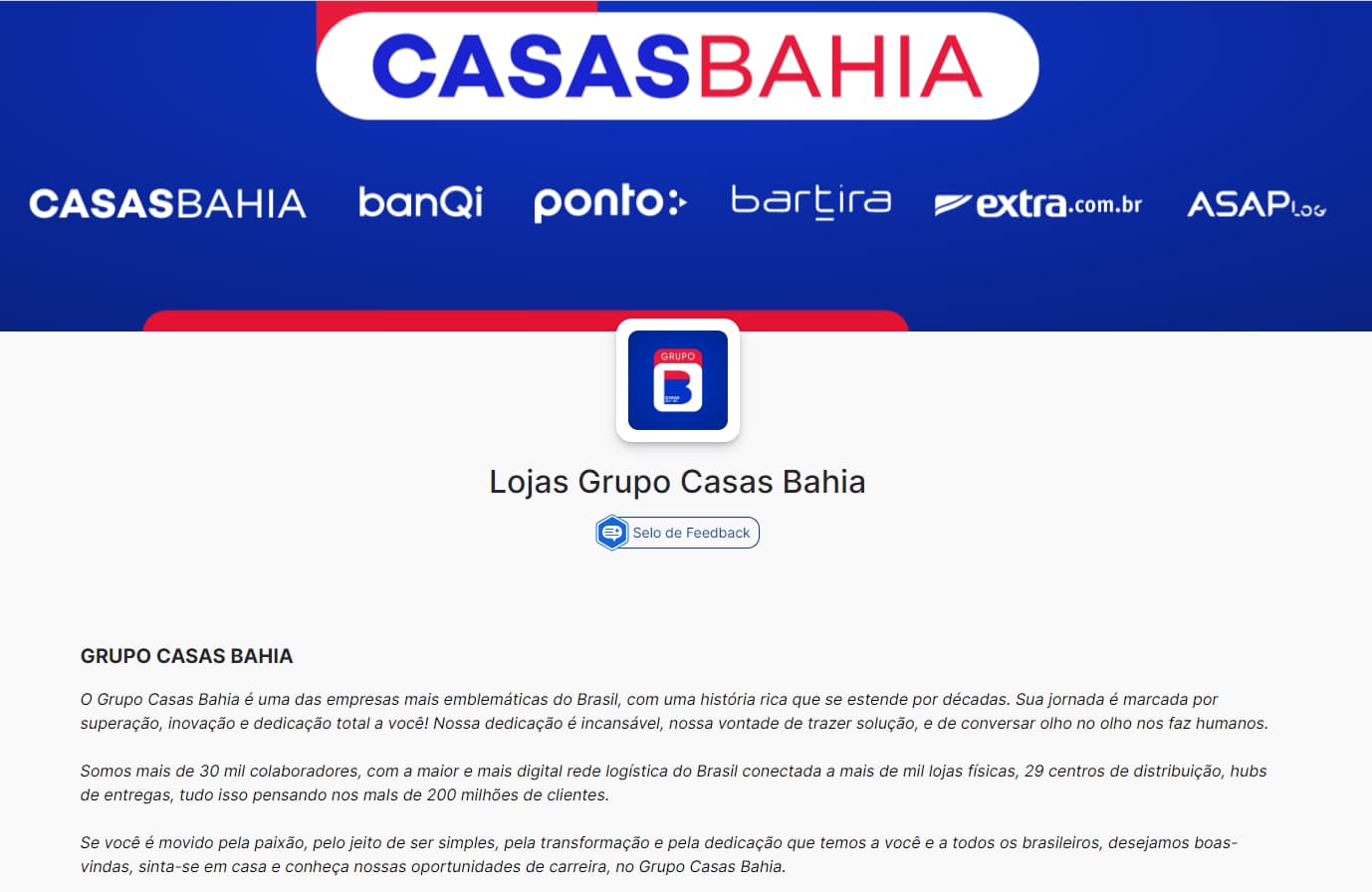 Site oficial Casas Bahia Trabalhe Conosco.