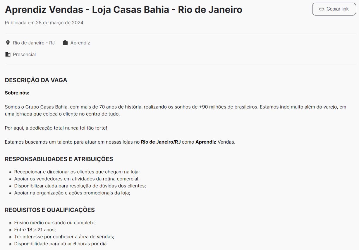 Vaga no site oficial Casas Bahia Trabalhe Conosco.