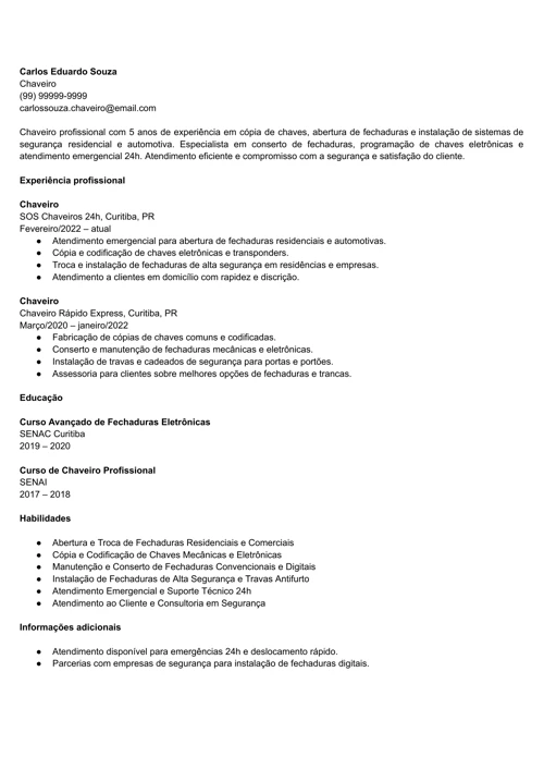 modelo de currículo para chaveiro