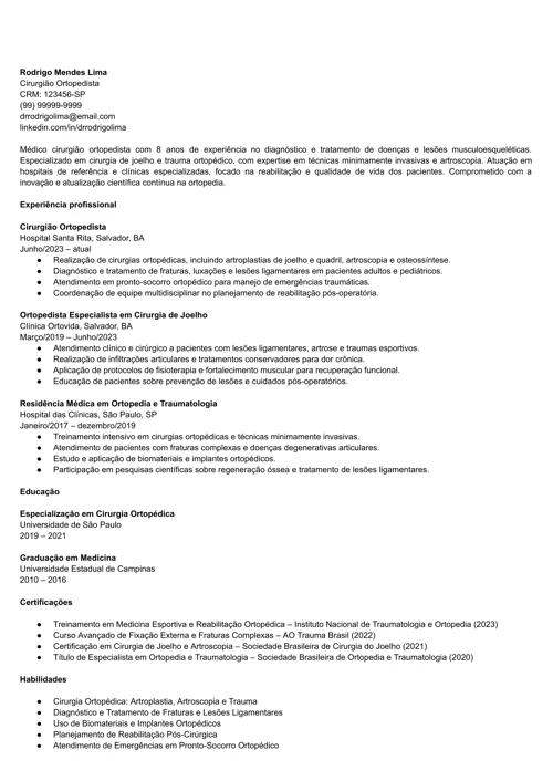exemplo de currículo de cirurgião ortopedista pronto