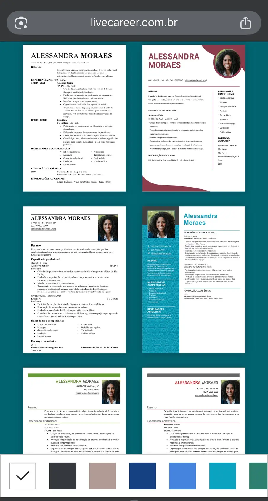 galeria de modelos de CV com e sem foto da LiveCareer