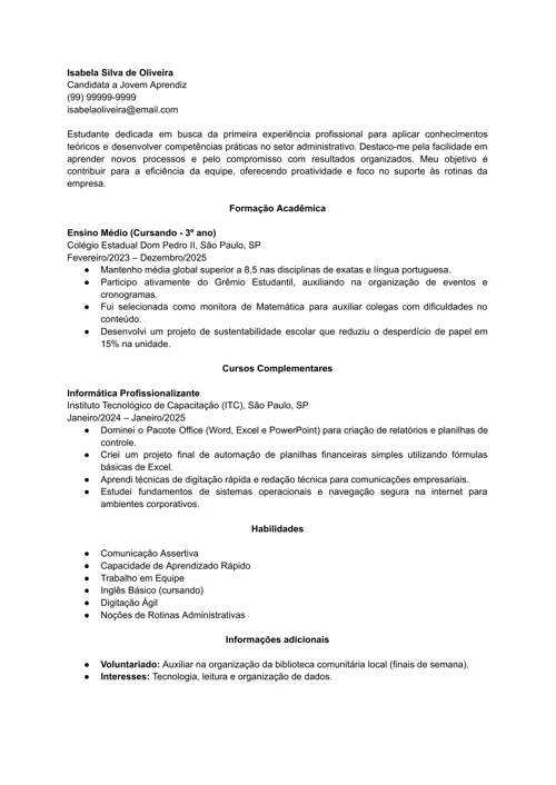 exemplo de CV com curso de informática feito no gerador da LiveCareer