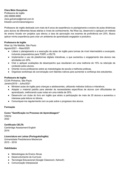 exemplo de como fazer um currículo no gerador da LiveCareer