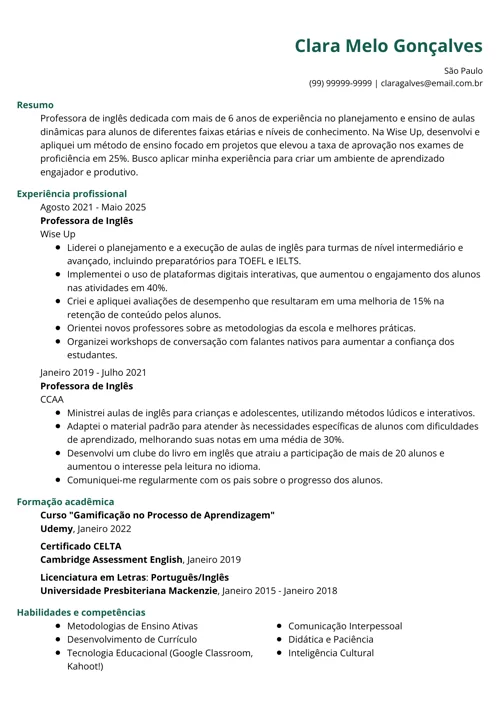 exemplo de como fazer um currículo no gerador da LiveCareer