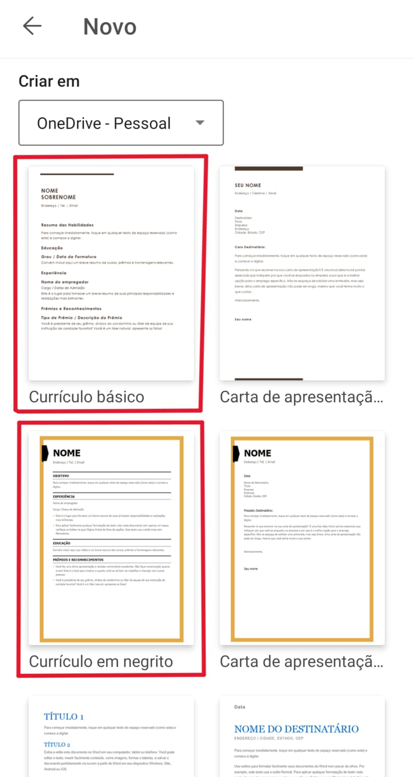 Escolha um modelo de currículo do Word pelo celular