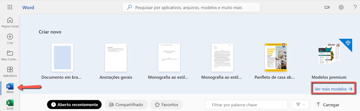 Acesse o Word online e selecione ver mais modelos