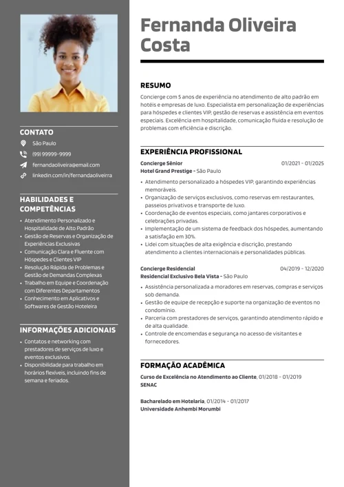 modelo de currículo de concierge