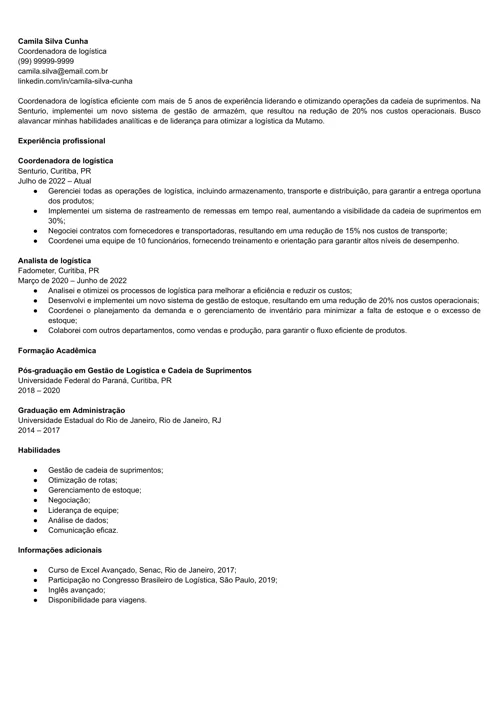exemplo de currículo de coordenador de logística