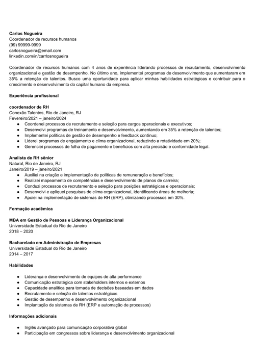 modelo de currículo para coordenador de RH