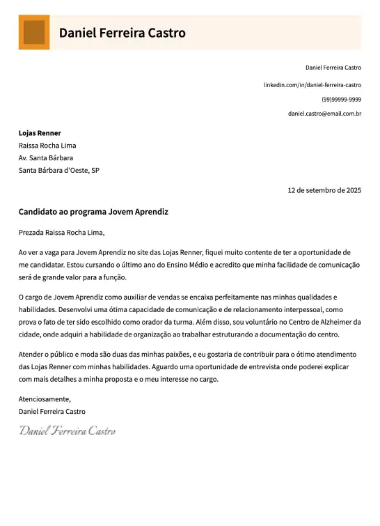 Modelo de carta de apresentação criativa