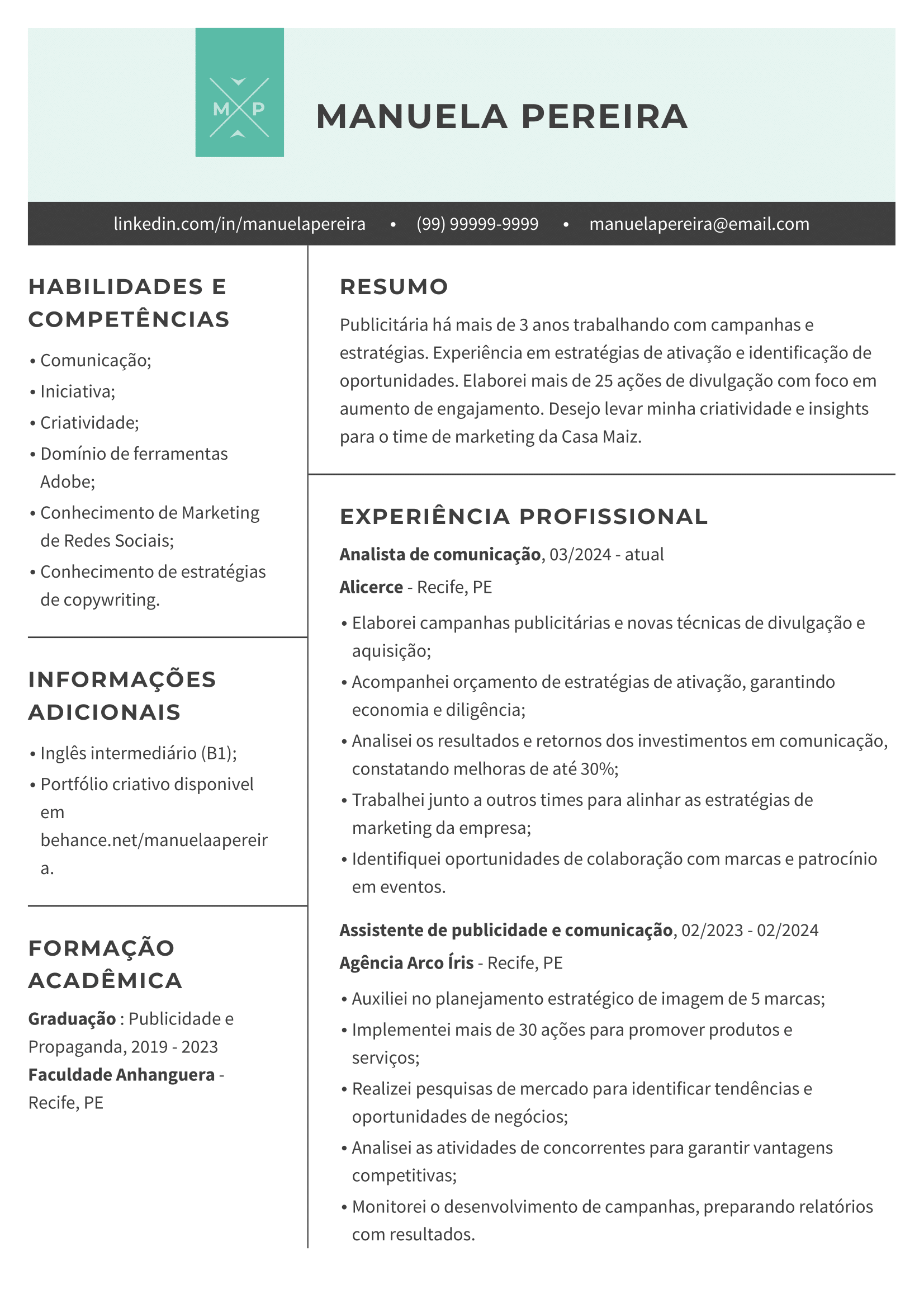 currículo criativo com iniciais