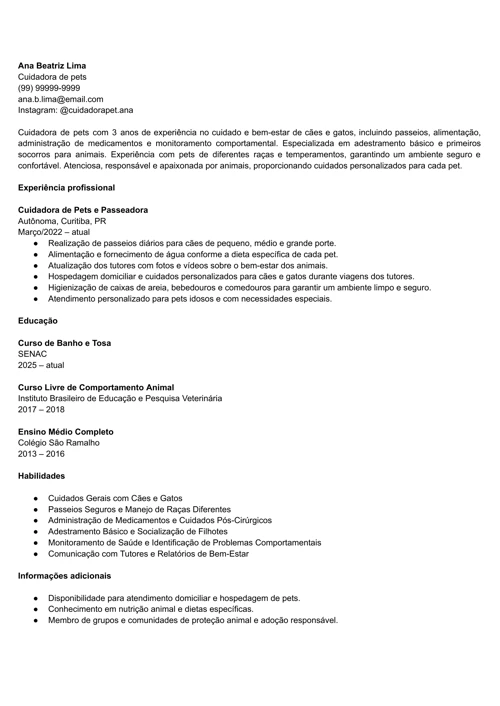 exemplo de CV de cuidador de pets