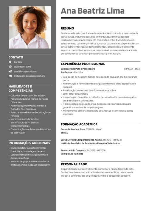 exemplo de CV de cuidador de pets