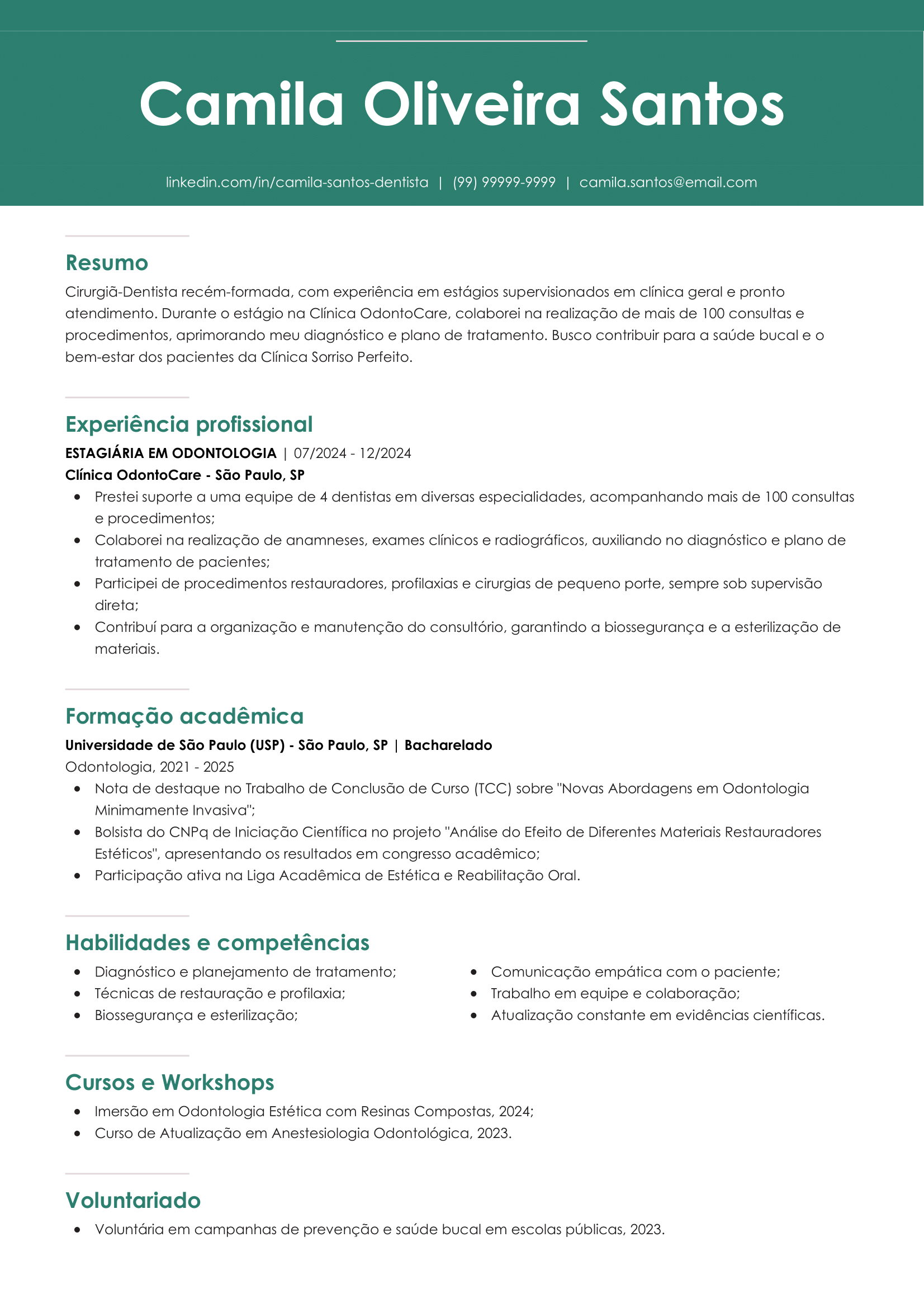 modelo de currículo de dentista recém-formado