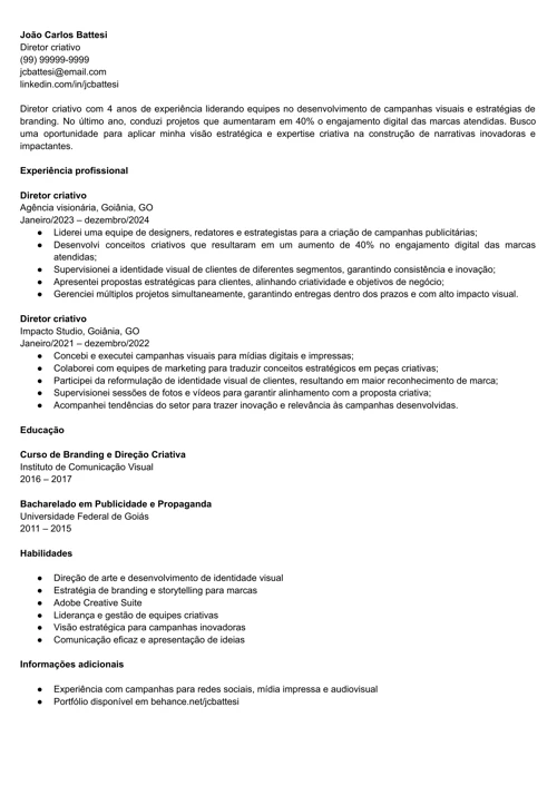 modelo de currículo para diretor criativo