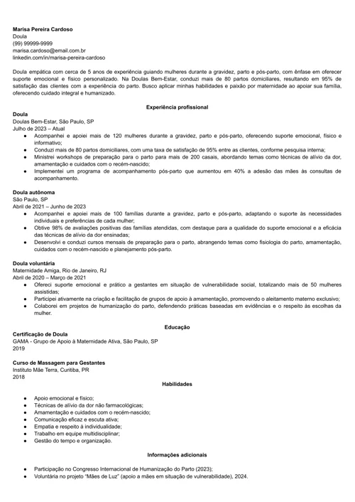 exemplo de currículo de doula