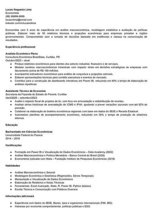 currículo de economista com modelo para PDF