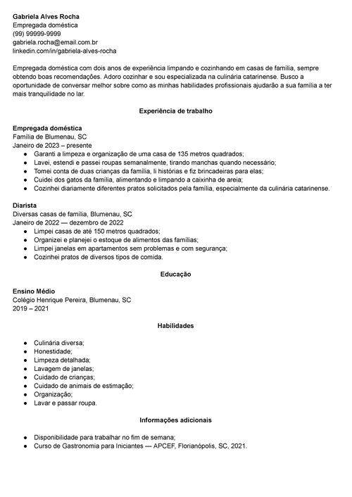 Currículo De Empregada Doméstica Modelo Pronto Com Exemplos 8306