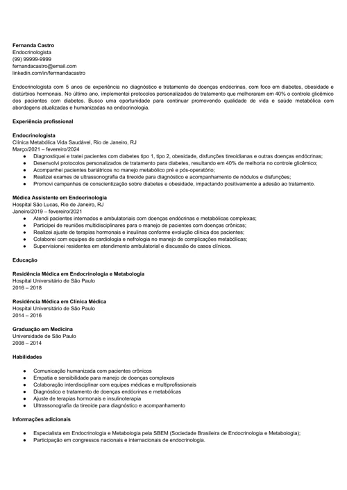 modelo de currículo de endocrinologista