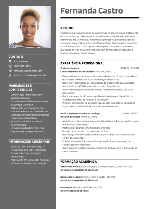 modelo de currículo de endocrinologista