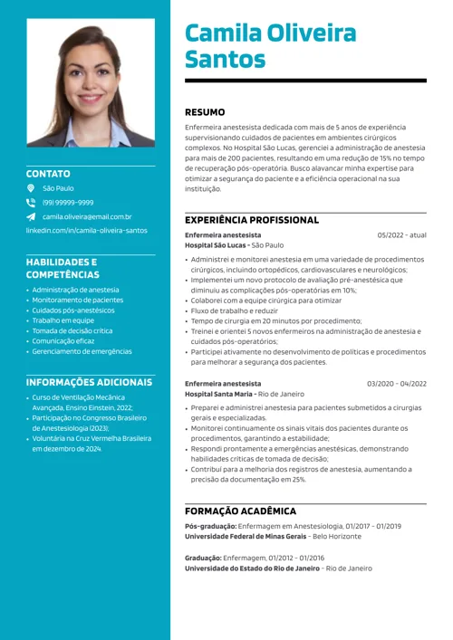 exemplo de currículo de enfermeiro anestesista