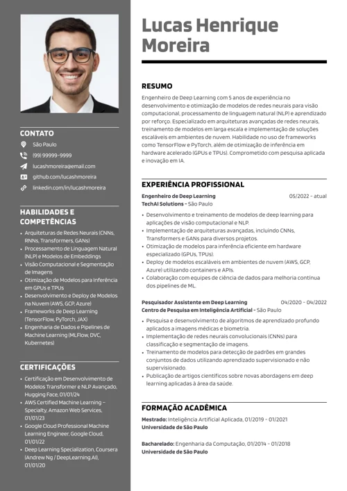 modelo de currículo de engenheiro de deep learning