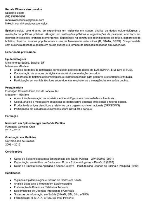 modelo de currículo de epidemiologista