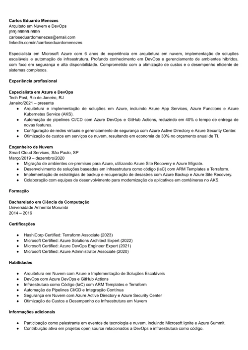 modelo de currículo de especialista em azure