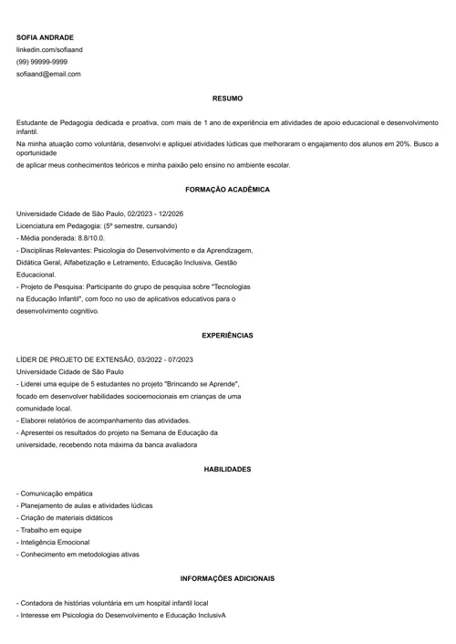 exemplo de currículo para estágio em PDF