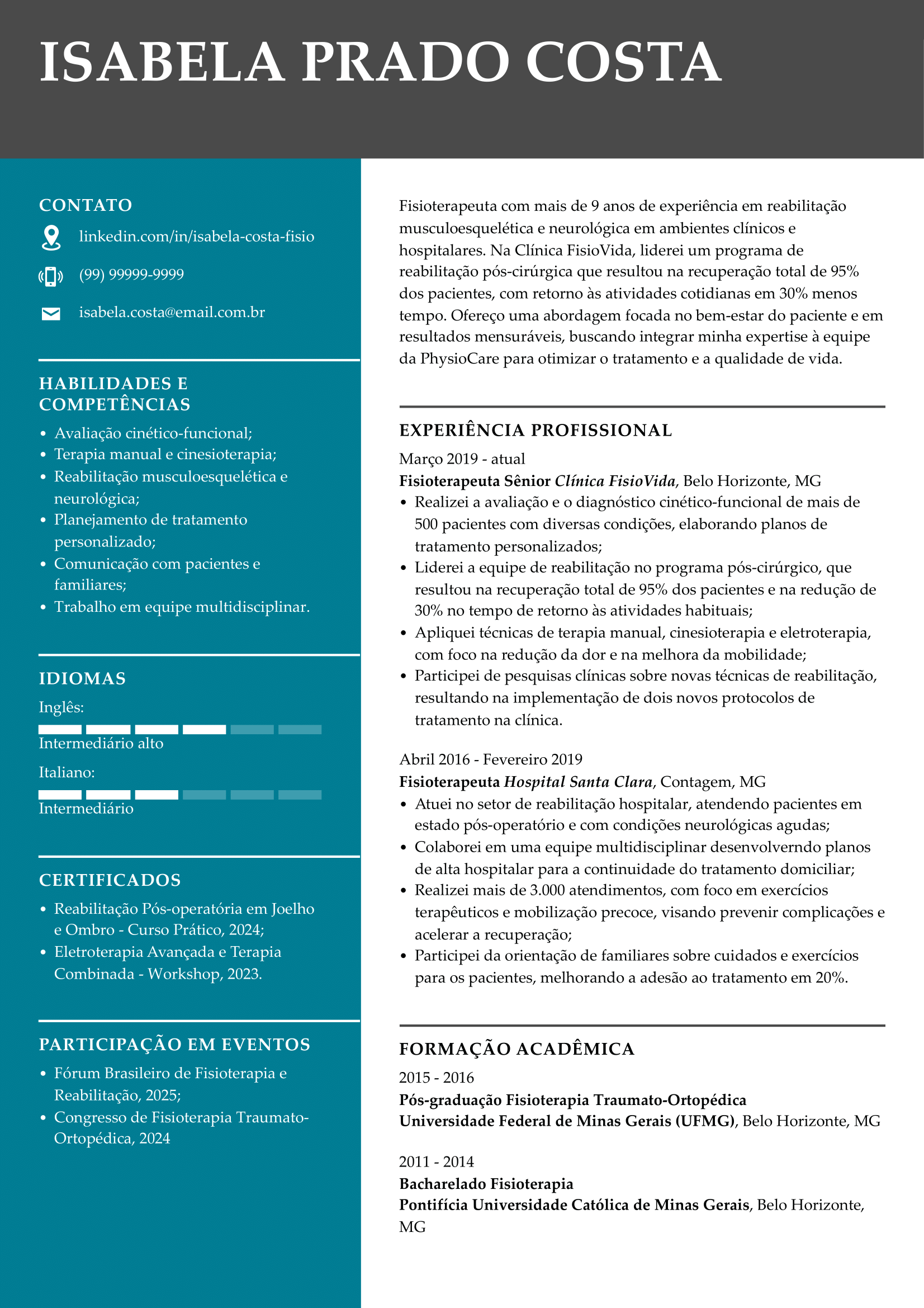 modelo de currículo de fisioterapeura experiente