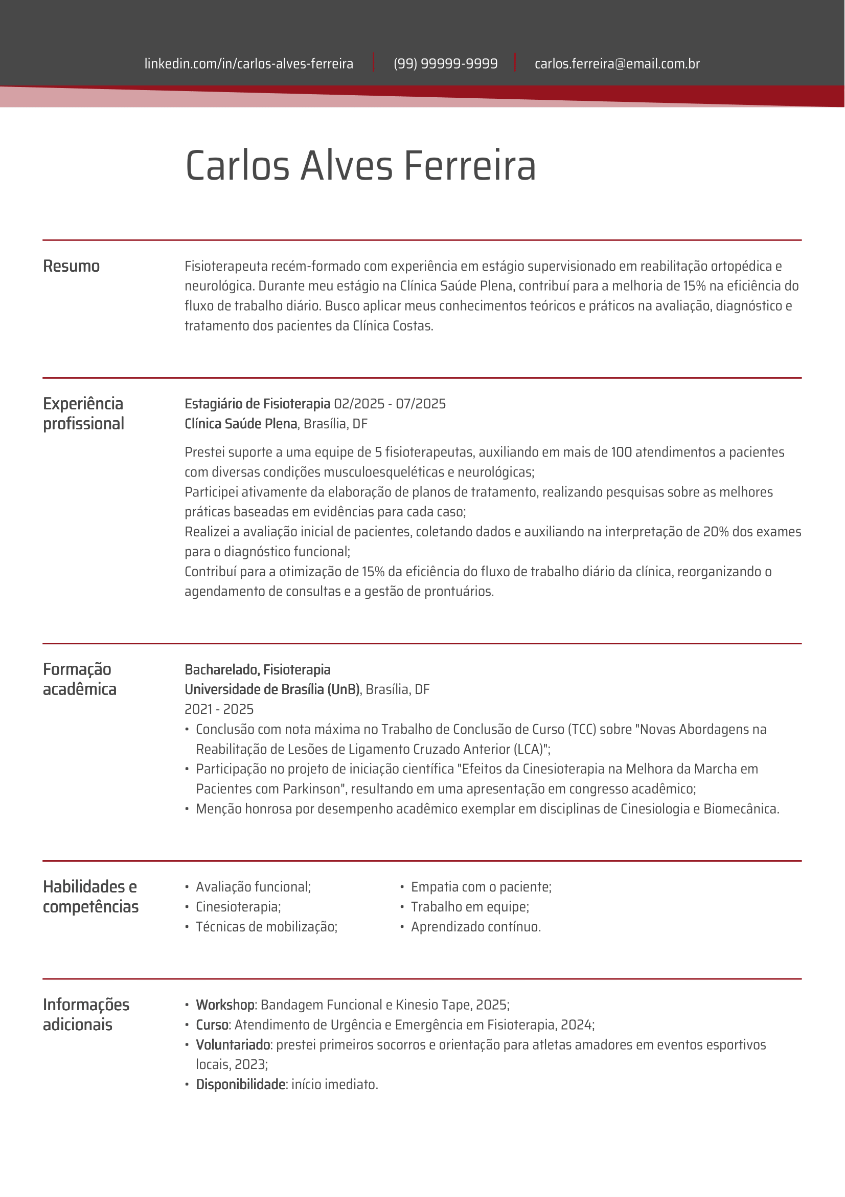 modelo de currículo de fisioterapeura recém-formado
