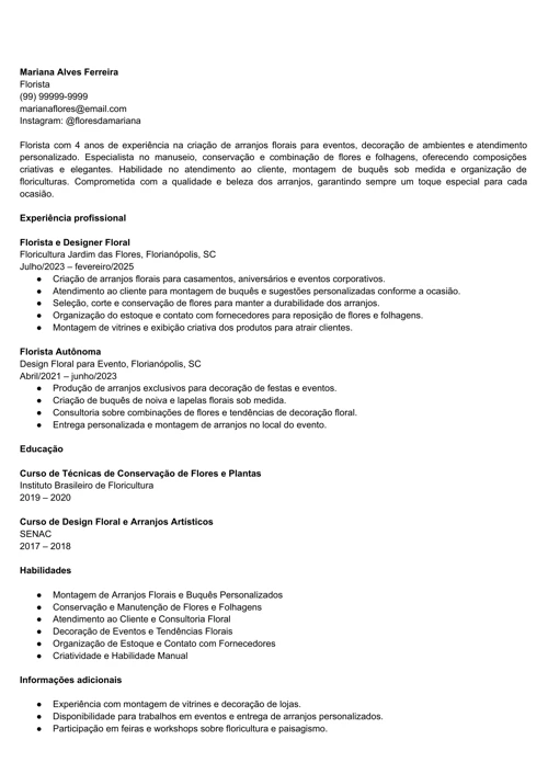 exemplo de currículo de florista