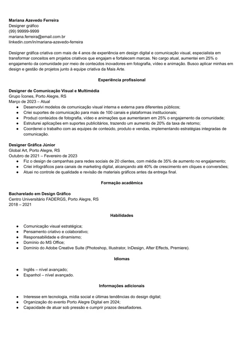 exemplo de currículo com fonte padrão