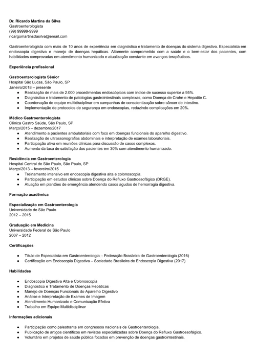 modelo de currículo para gastroenterologia